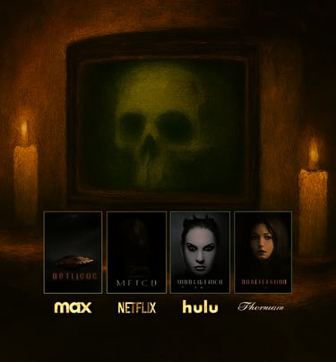 Candlelit CRT TV showing It Follows, The Witch, Black Swan, Hereditary, The Babadook — streaming.