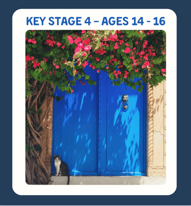 A blue door with flowers