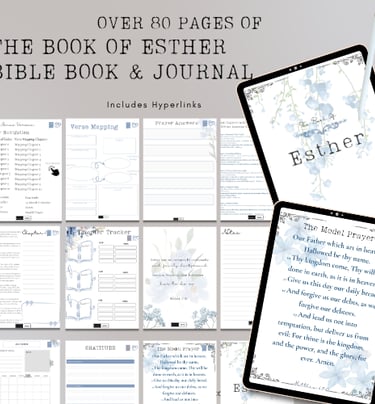 Esther's book of bible journal, with a tablet and a tablet