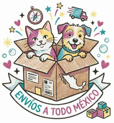 Ilustración de un perro y gato en una caja de cartón para envíos a todo México de productos para mascotas.