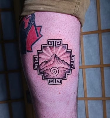 Peruvian Andean cross Tattoo in the leg. Custom piece by Katarsis Tattoo Perú