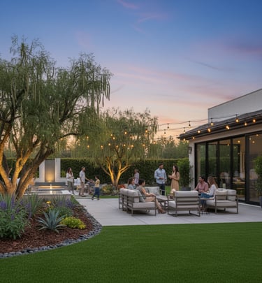 A modern backyard with artificial turf and a patio where people are socializing under string lights.