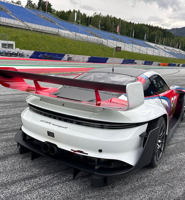 an Enlab white Porsche sports car with a red and white stripes