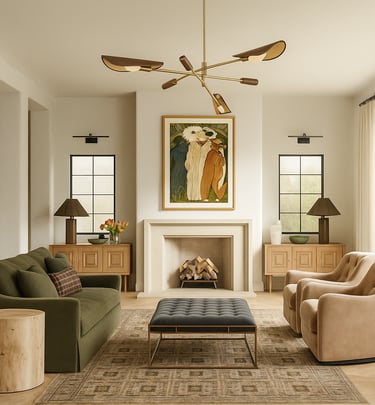 a living room with a couch and a fireplace