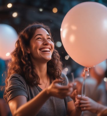 A vibrant 20-inch clear balloon filled with colorful candy and a small bouquet of flowers, glowing softly in natural light.