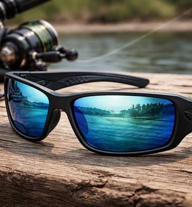 a pair of sunglasses with a fishing rod and a fishing rod