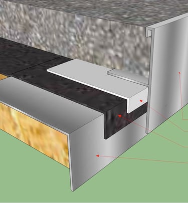 Balcony edge detail with aluminum T-Bar as finished edge.