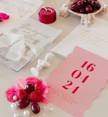 Détail de mariages, faire parts, alliances, parfum, voile, invitation au brunch, décoration