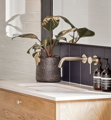 Custom built vanity in ensuite American Oak by Silva Cabinetry