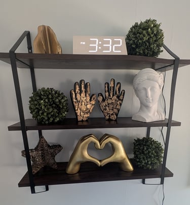 a shelf with massage therapy decor