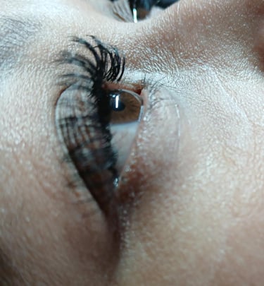 Close-up side profile of professional eyelash extensions on a woman's eye with black lashes.