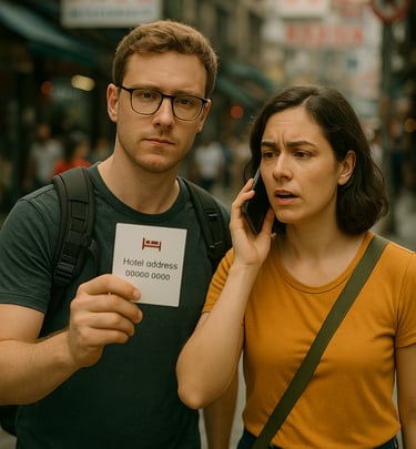 Two travelers stand on a busy city street. The man, wearing glasses and a dark green shirt with a backpack, holds up a hotel 