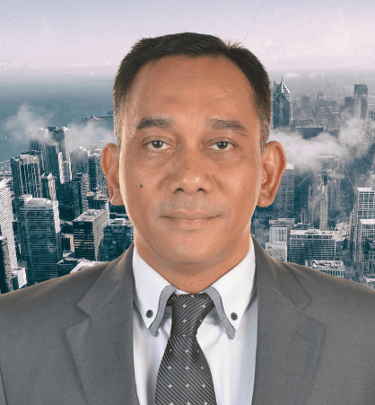 a man in a suit and tie with a cityscapeople in the background