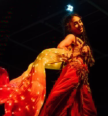 a woman in a red dress with a red dress