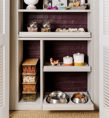 a kitchen with a brick wall and shelves with bowls of food