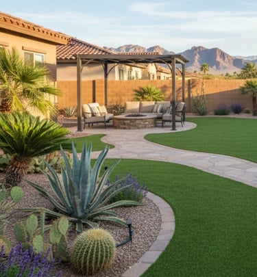 A well-maintained desert backyard features a lush artificial turf lawn, a winding stone path.