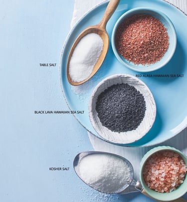 Various salts in bowls and spoons on a blue surface: table, kosher, red and black Hawaiian sea salt.