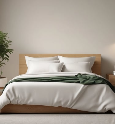 a bed with a blanket and a plant in the middle of it