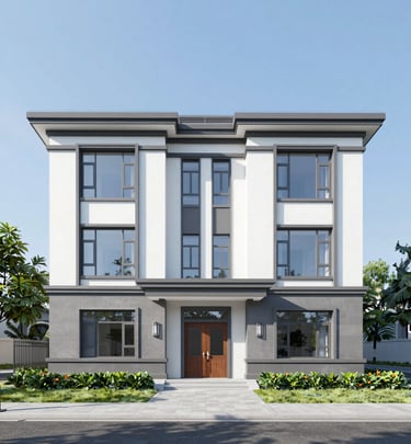 Completed commercial building with clean lines and large windows in daylight.