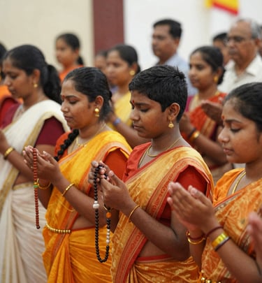 A serene moment of guided inner awareness with a small group seated on mats in a softly lit room
