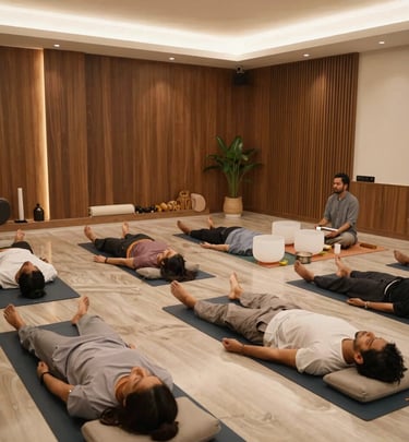 An adult participant immersed in a calming sound bath session, eyes closed in peaceful meditation