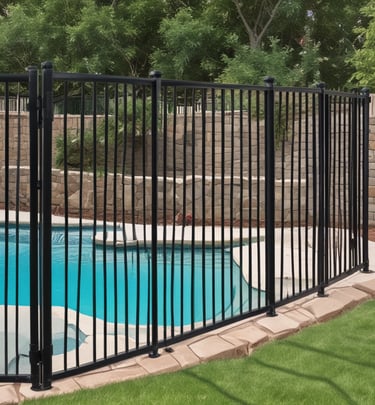 A serene pool area featuring custom pool landscaping and elegant pool fencing installation.