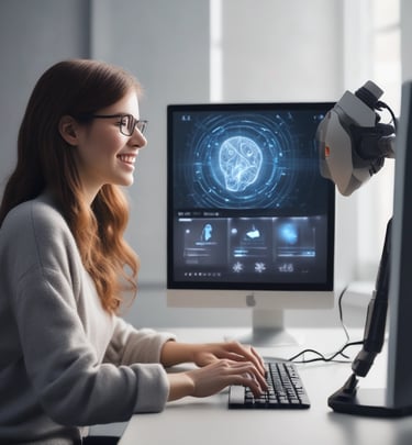 Team collaborating in a sleek, modern office with AI technology visuals on screens