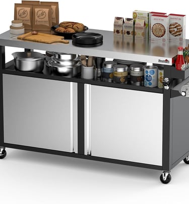 Rolling stainless steel kitchen cart with storage cabinets, shelves, and side spice rack organizer.