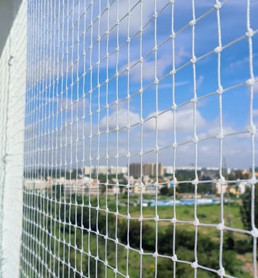 Technician carefully securing pigeon safety netting around a window frame