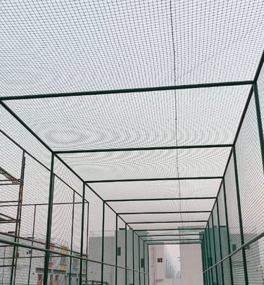 Close-up of a freshly installed cricket net at a local Bengaluru sports ground under bright sunlight