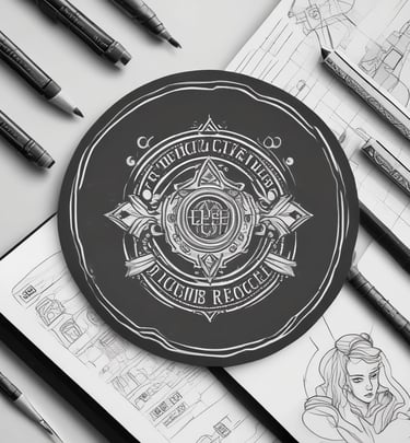 Close-up of a hand drawing a detailed logo sketch with pencil on textured paper