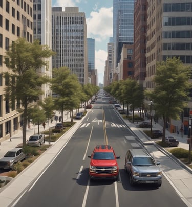 A Suburban driving smoothly on a busy Mexico City street with skyscrapers in the background.