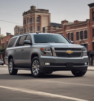 Chauffeur assisting a client with luggage beside a Suburban at the airport terminal.