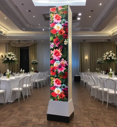 A vibrant LED billboard displaying colorful advertisements at a busy city intersection during the evening.