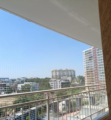 View from inside a safe balcony with pigeon nets installed, overlooking a busy Chennai neighborhood.