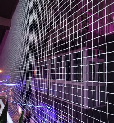 Daylight view of a rooftop secured with fine mesh pigeon nets to keep birds away