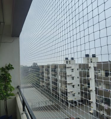 Image capturing a technician from Arjilli Enterprises carefully fitting pigeon netting on a resident
