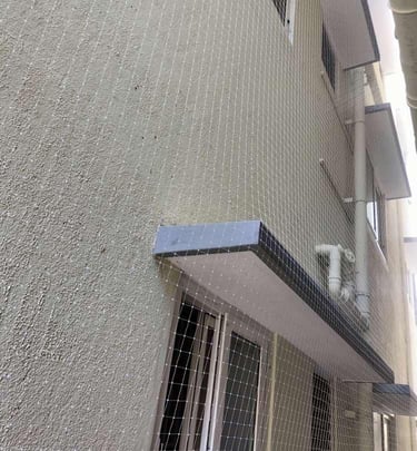 Side angle of a pigeon net installation highlighting the sturdy mesh and secure fittings