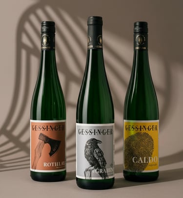 Three bottles of Gessinger Riesling wine with artistic labels featuring an axe, a raven, and a fingerprint.