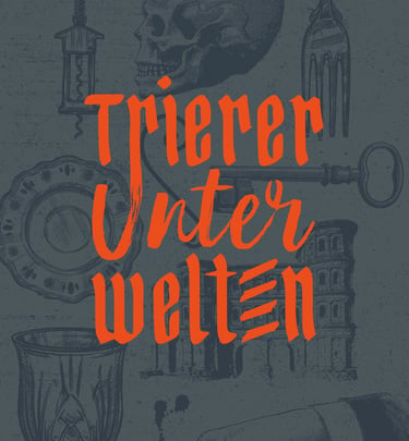 Das orange Logo der Trierer Unterwelten auf blauem Hintergrund mit dunkelblauen Silberstichen