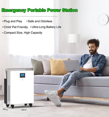 Man sitting on a sofa using a laptop powered by a Helionox 5kW 5kWh portable power station