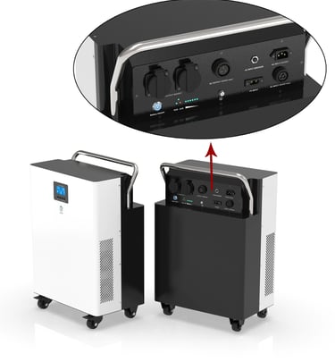 Close-up of the Helionox HX5000 power station outlets and charging ports, including AC output, AC in