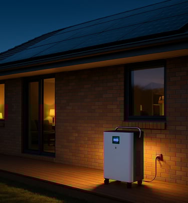 Helionox HX5000 5kW all-in-one battery system powering a modern lodge at night