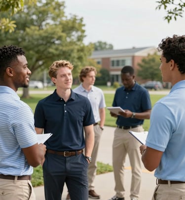 A group of friends wearing crew & co apparel, laughing and enjoying a sunny day outdoors.