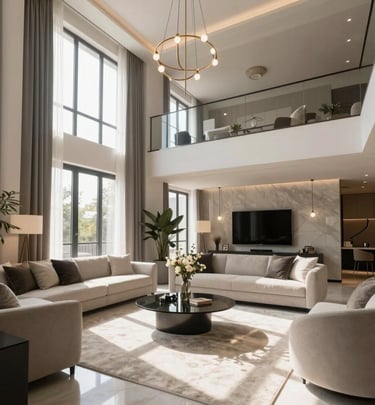 A stylish urban apartment with modern decor and a view of the city skyline