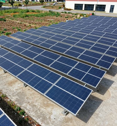 Maintenance team inspecting photovoltaic panels in a sunny field