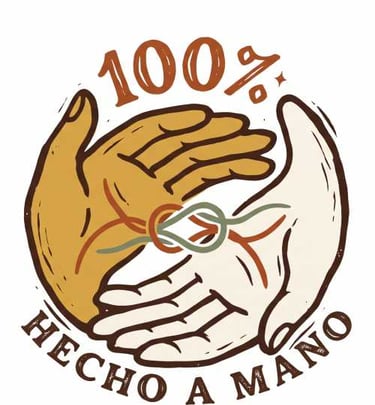 Ilustración de dos manos sosteniendo un nudo de cuerda, con el texto «100 % hecho a mano» 