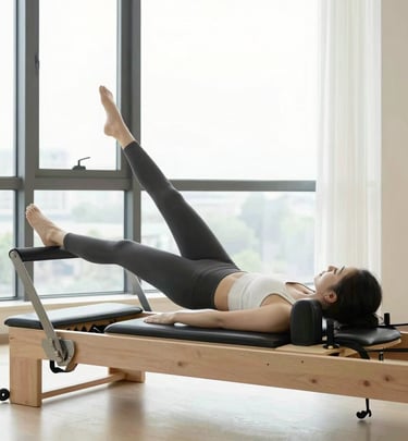 A serene Pilates session with an instructor gently guiding a client through precise movements in a bright, airy studio.