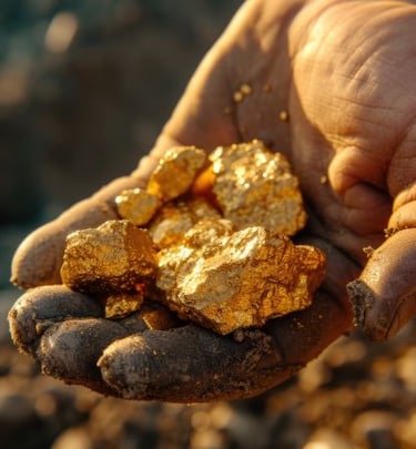 A person holding raw gold nuggets in a dirty hand at a gold mining site.