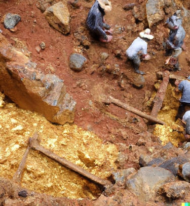 Miniature figures of gold miners working in a diorama of a rocky underground mine shaft with gold veins.